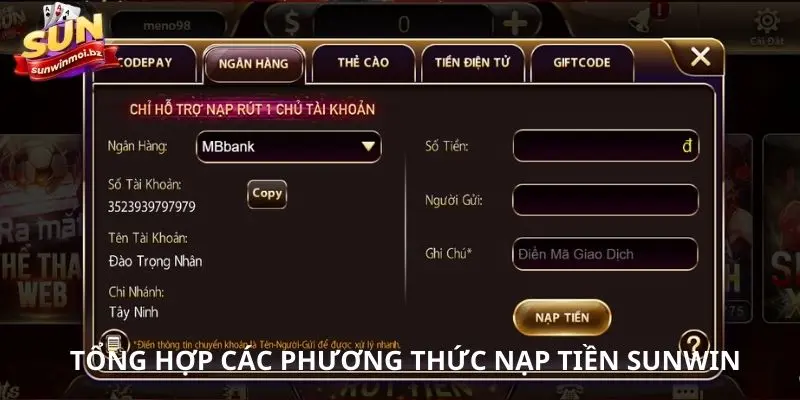 Các phương thức nạp tiền SUNWIN phổ biến