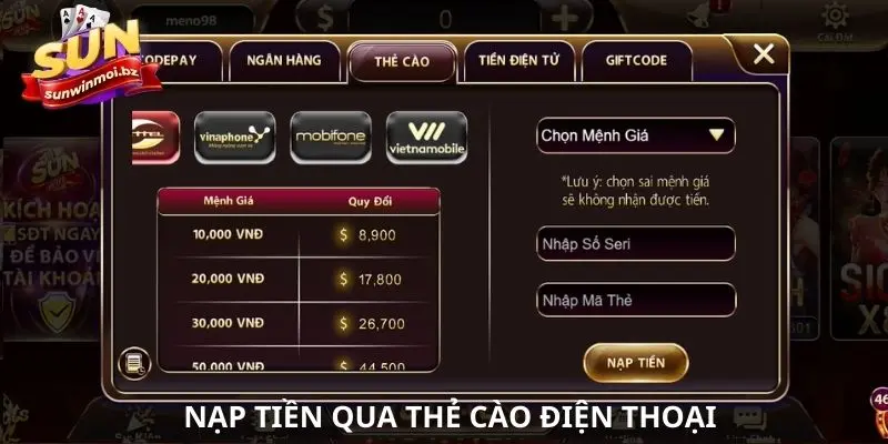 Nạp chi phí cá cược qua thẻ cào