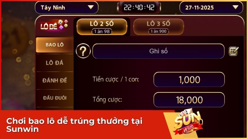 Chơi bao lô dễ trúng thưởng tại Sunwin