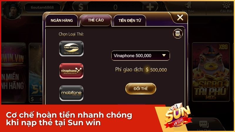 Cơ chế hoàn tiền nhanh chóng khi nạp thẻ tại Sun win