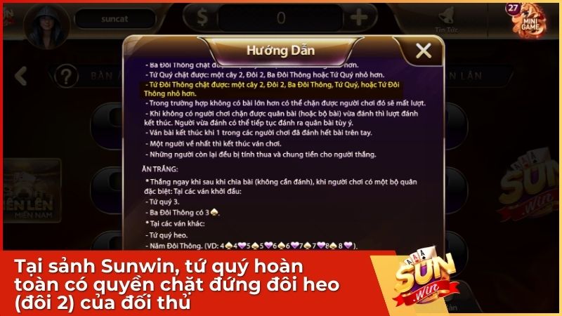 Xác nhận luật chơi chuẩn: Tại sảnh Sunwin, tứ quý hoàn toàn có quyền chặt đứng đôi heo (đôi 2) của đối thủ
